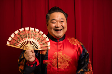 chinese middle age man wearing red traditional clothes