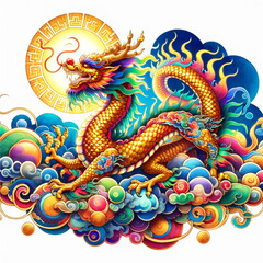 Fototapeta premium watercolor COLOR FUL illustrations of a mythical gold dragon on a cloud and sun, designed in a traditional chinese style center isolated clean white background.