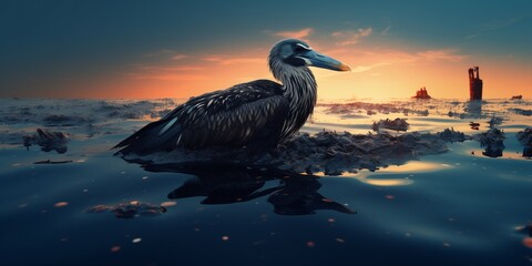 Sea Bird bogged down in an oil spill - obrazy, fototapety, plakaty
