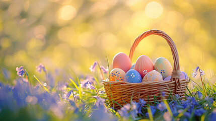 Colorful Easter eggs in a pastel basket on a bokeh background of bluebell flowers under sunlight