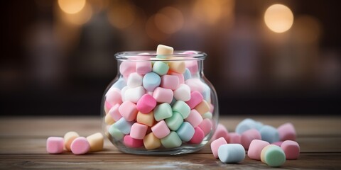 Small colorful marshmallows in a glass jar