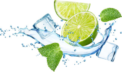 Mojito, ice cubes, lime fruit, realistic water splash and mint leaves. 3d vector liquid flow of tea, cocktail, refreshing beverage. Transparent swirl or wave with citrus fruit slices, drops and ice