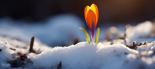 A beautiful spring awakening vibrant crocus flowers blooming amidst the glistening snow