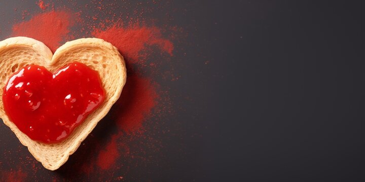 Toast with a close-up of heart-shaped jam on top.