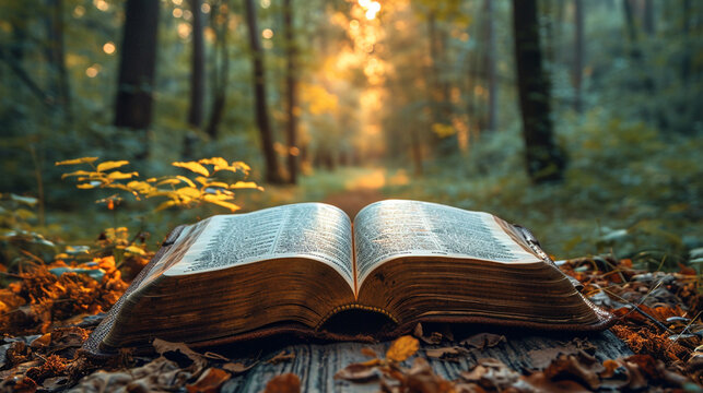 The Bible on a table in the autumn forest