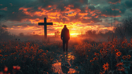 Road to the Cross, Christian symbol, people go to the cross - obrazy, fototapety, plakaty