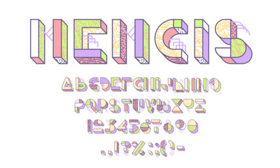 3d block font, Memphis type, geometric 90s typeface, traditional english alphabet script. Vintage design font typeset numeral and punctuation special symbols, vector English ABC with Memphis pattern