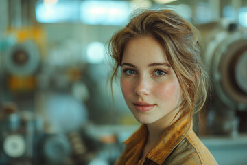 Portrait of beautiful caucasian factory worker woman