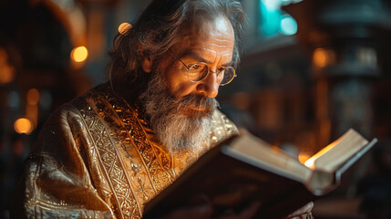A clergyman reads the Bible in church - obrazy, fototapety, plakaty