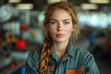 Portrait of beautiful caucasian factory worker woman