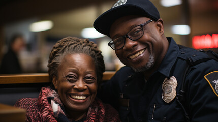 African policeman and citizen adult woman smiling, portrait