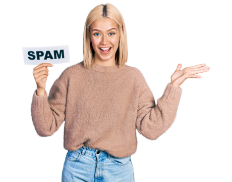 Beautiful young blonde woman holding spam banner celebrating victory with happy smile and winner expression with raised hands