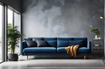 Chic blue sofa in a modern Scandinavian living room, blending style with simplicity against a sleek concrete wall backdrop.