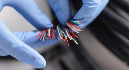 Gloved master holds colored electronic wires. Electrician services concept