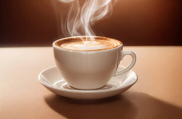 Cup of coffee, saucer. White classic ceramic mug filling a hot coffee with milk isolated on a beige studio background. Steaming flowing smoke. Coffee beans on a table. Copy space, front view, banner
