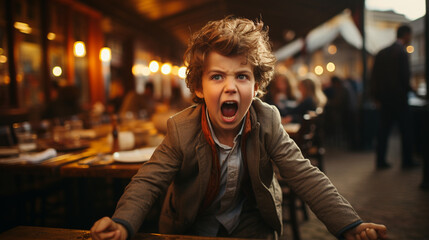 Toddler having a temper tantrum in a restaurant or cafe. Sad child screaming in anger in public. - obrazy, fototapety, plakaty