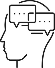 Inner dialog. Psychological disorder problem, mental health icon. Human psychology, cognitive disorder or mental health thin line vector pictogram with dialog speak clouds in human head silhouette