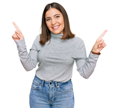Young beautiful woman wearing casual turtleneck sweater smiling confident pointing with fingers to different directions. copy space for advertisement
