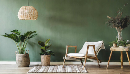 modern green home interior background, wall mock up, 3d render - obrazy, fototapety, plakaty