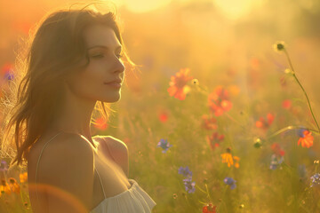 A very beautiful woman in the flower field with sunset. Show her beauty. Live happily life. 