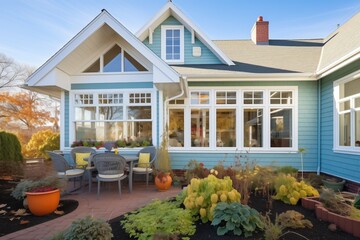cape cod home with bay window and garden