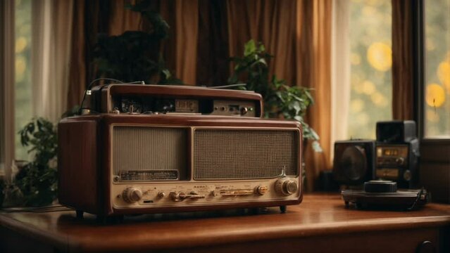 Lofi nostalgic music background, old time radio on table with decoration. Looping video for music background