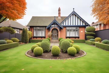 front lawn of a tudor home with modern annex behind topiary - obrazy, fototapety, plakaty