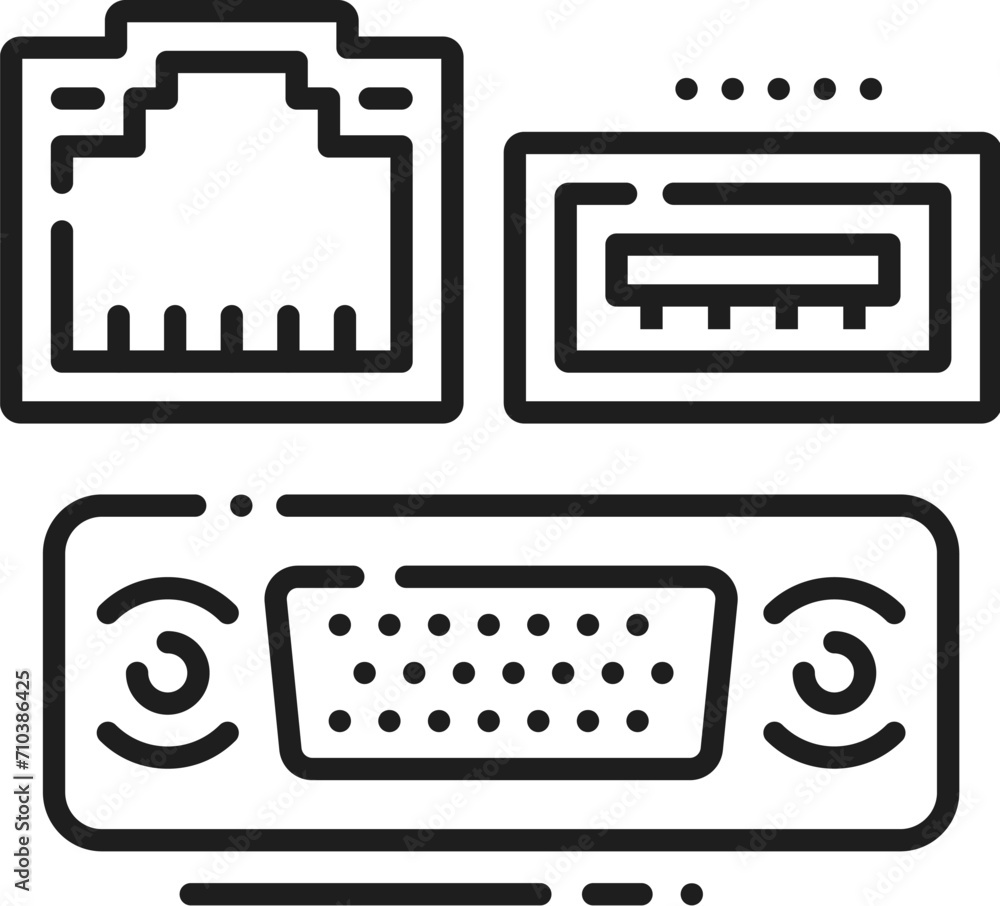 Poster computer software, electronics hardware, app development industry linear icon. computer hardware upg