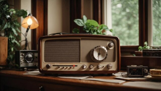 Lofi nostalgic music background, old time radio on table with decoration. Looping video for music background