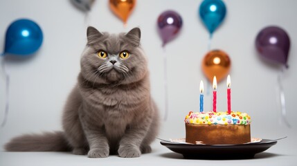 British cat celebrating his birthday with cake and candles. Happy birthday dear kitty. Family members. Ai generated