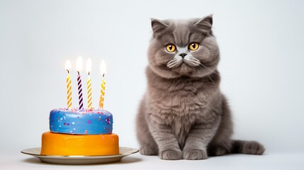 British cat celebrating his birthday with cake and candles. Happy birthday dear kitty. Family members. Ai generated