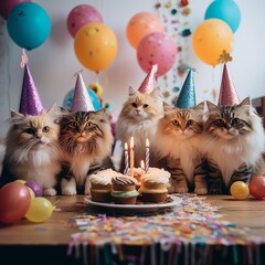 Cat birthday party with pet friends, cake, cupcakes, candles, balloons. Happy birthday dear kitty. Family members. AI generated.