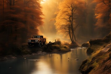 truck on the riverbank