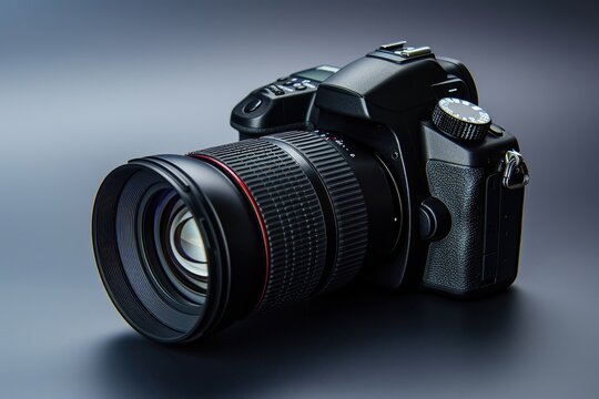 A modern digital camera with a zoom lens, isolated on a photography studio background