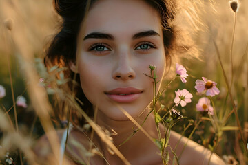 Naklejka premium Smiling woman with flowing brunette hair surrounded by vibrant summer flowers in a lush green meadow