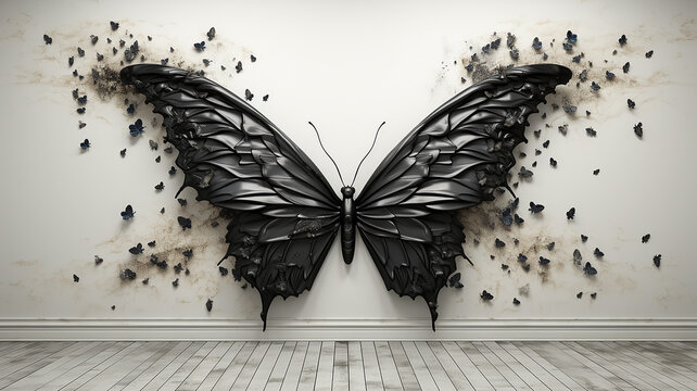 a huge butterfly on a white wall, an element of interior design, a fantastic creature with large wings