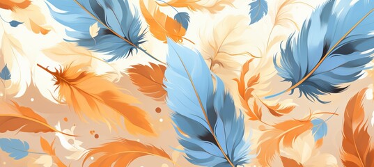 Magical seamless pattern with feathers, birds, crystals, and abstract elements on peach fuzz tones