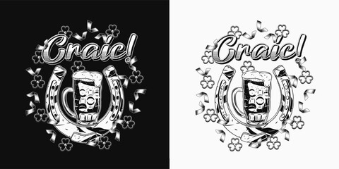 St Patricks Day label with horseshoe, glass of beer, text Craic, scattered confetti, trefoil, clover leaves. For prints, clothing, t shirt, holiday goods design. Vintage illustration