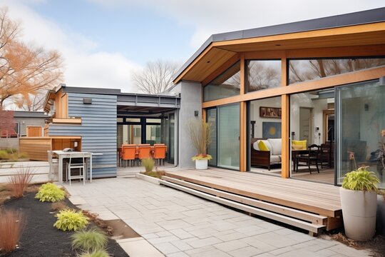saltbox home with mixed materials: wood, glass, and steel