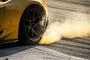 Fototapete Eisenbahn Close up wheel. professional driver drifting yellow racing car on road at race track, Race car drift on race track have smoke, View from above aerial.