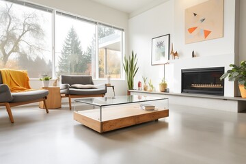 concrete living room floor with glasstop coffee table