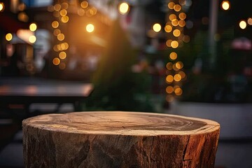 Urban elegance. Nighttime celebration with festive vibe featuring blurred bokeh background wooden table setting and vintage decor for perfect blend of style and ambiance