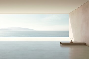 Empty modern room with sea view and bench