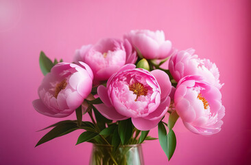 Bouquet of pink peonies on a pink background