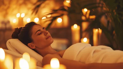 Wall murals Massage parlor beautiful young woman relaxing at a massage parlor or spa. Lying on a towel after a massage treatment. Stress relief. Relaxation. Peaceful. Body massage. Tranquility.