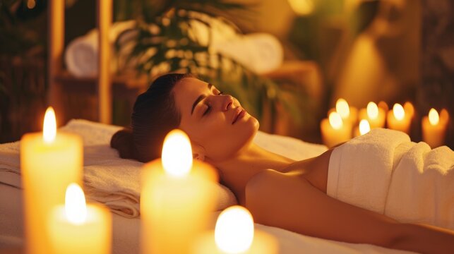 beautiful young woman relaxing at a massage parlor or spa. Lying on a towel after a massage treatment. Stress relief. Relaxation. Peaceful. Body massage. Tranquility.