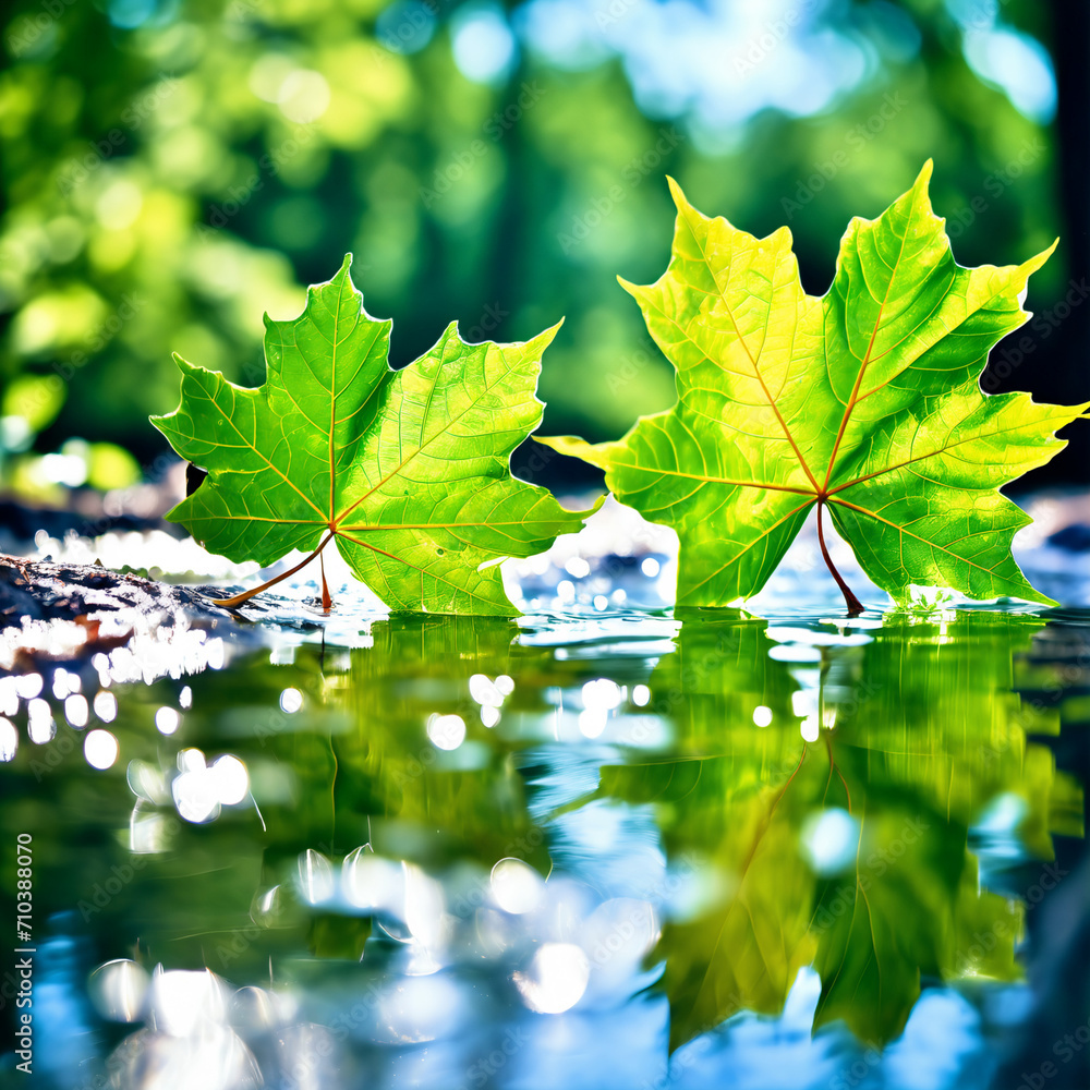 Wall mural green leaves reflecting in the water, shallow focus