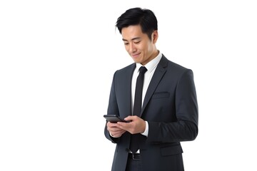 asian businessman in suit browsing on mobile phone isolated on white background, Generative AI