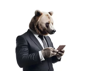 Fototapeten brown bear businessman in suit use mobile phone isolated on white background, Generative AI © dobok