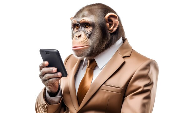 monkey businessman in suit use mobile phone isolated on white background, Generative AI